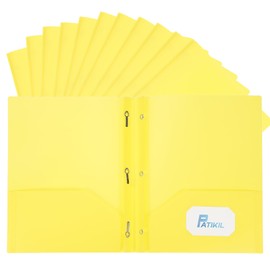 PATIKIL Pocket Folders with Prongs, 12 Pcs Heavy Duty Plastic Pocket Folders with 3 Fasteners Fit Letter Size Paper for Resume Documents Files Letters, Yellow