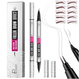 2 Pack Microblading Eyebrow Pen, 2-in-1 Dual-Ended Waterproof 2 Fork Tip Eye Brow Makeup Pencil for Women with Precise Curved Brush-Tip Create Natural Hair-Like Brows, Last All-Day (Cool Brown)