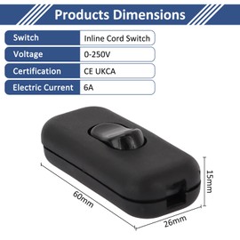 Pack of 2 Black Inline Switch Intermediate Switch 6 A 250 V, Torpedo Switch, Rocker Switch, Cable Switch, 2-Core and 3-Core Supply Lines, for All Types of Electric Lamps, Table Lamps