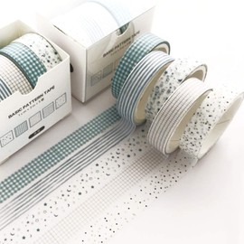 YUBX 5 Rolls Washi Tape Set Creative Basic Skinny Decorative Tapes for Arts, DIY Crafts, Journals, Planners, Scrapbooking, Wrapping (Cyan Dew)