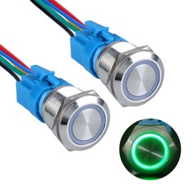 DMWD 2PCS 22MM Metal Momentary Push Button Switch 12V-24V Ring Led 1NO 1NC Self-Reset ON/Off Waterproof 7/8’’ Mounting Hole with Wire Socket (Green Led)