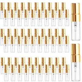 Dimeho 60 Pcs 3ml Fine Mist Atomizer Empty Glass Spray Bottle Refillable Perfume Travel Bottles Clear Portable Sample Containers with Gold Lids for Cleaning Essential Oils Makeup Liquid DIY Party