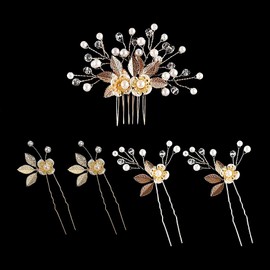 5 Pcs Metal Leaf Hair Pins Bridal Wedding Hair Clips Vintage Flower HairPins Crystal Pearl Hair Side Combs Bridesmaid Hair Accessories for Women Girls