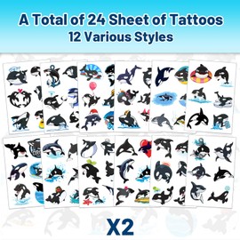 144 PCS Orca Whale Temporary Tattoos Stickers, Orca Killer Whale Party Favors Under The Sea Ocean Animal Orca Birthday Decorations Supplies for Classroom Rewards, 24 Sheets
