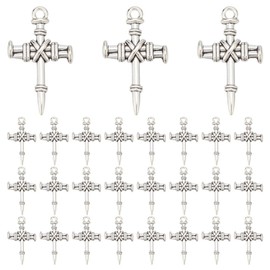 HOBBIESAY 60 Stück Kreuz Anhänger 34.5mm Silberfarbenes Kreuz Metallanhänger Legierung Kruzifix Baumelnde Anhänger Tibetischer Stil Kreuzanhänger Für DIY Armbänder Ohrringe Halsketten