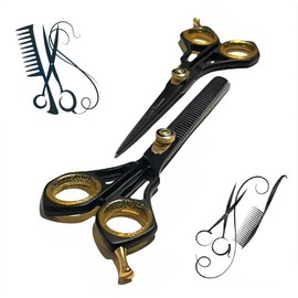 Barber and Salon All Hair Type Black and Gold Hair Cutting Scissors Hair Thinning Shears 6.5 Inches