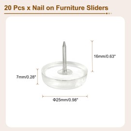uxcell Nail on Furniture Sliders, 20Pcs Rubber Chair Glides Nail in Round Chair Leg Pads Flat Bottom Table Feet for Hardwood Floors (Clear, 7x25mm)