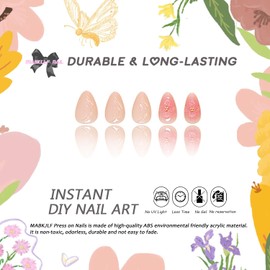 Press on Nails Medium Almond MABKJLF Pink Fake Nails False Nails with Designs 3D Flower Swirl Full Cover Glossy Glue on Nails Stick on Nails Acrylic Nails for Women Girls 24 Pcs