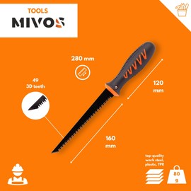 MIVOS Plasterboard Saw with 160 mm Blade - Drywall Saw with Non-Slip Rubber Handle - Jigsaw - Hand Jigsaw with Teflon Coated Blade - for Cutouts in Plasterboard