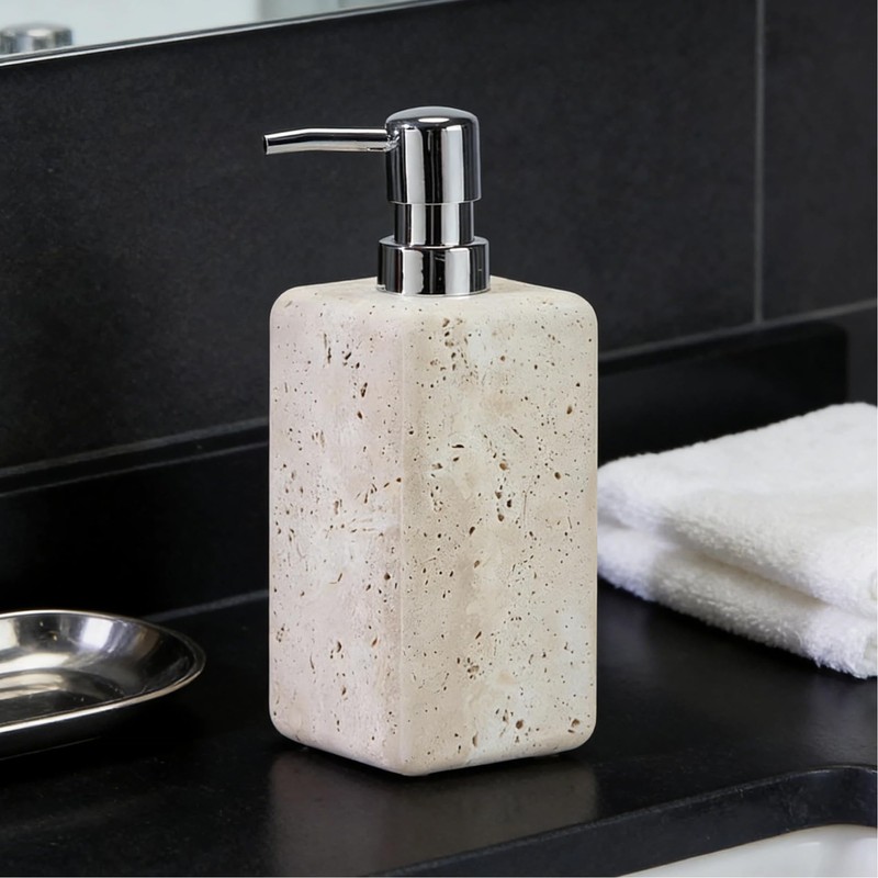 Ivory Travertine Soap Dispenser, Refillable Bathroom Liquid Dispenser with Stainless