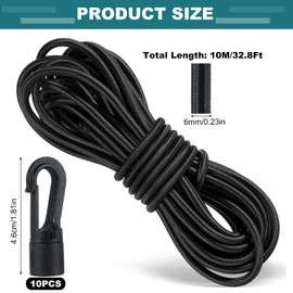 TAIXING 10M Elastic Cord, 6 mm Elastic Bungee Cord, Black Thick Shock Cord Heavy Duty Bungee Cords with Hooks for Caravan, Camping, Cargo, Tarpaulin, Kayak and Backpack, with 10 Plastic Hooks