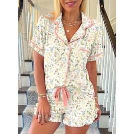 KevaMolly Womens Lounge Sets Floral Bow Printed Pocketed Knotted PJ Set Short Sleeve Xmas Top and Shorts Floral White M