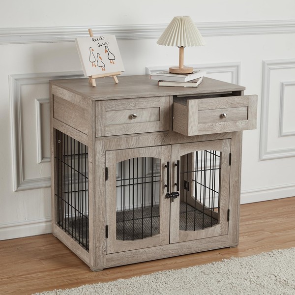 Dog Crate Furniture with Cushion,Wooden Dog Kennels Indoor with 2