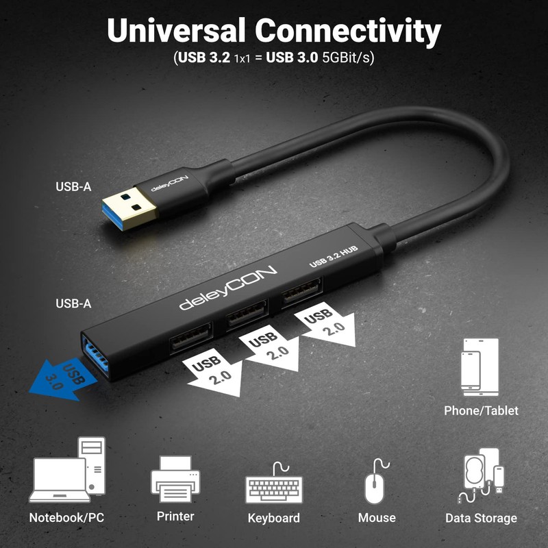 deleyCON USB A HUB 4 Port Splitter - (1x USB