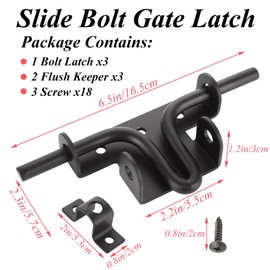 LDXDRU 3 Pack Slide Bolt Gate Latch, 6.5" Fence Door Latch, Heavy Duty Gate Lock Latch for Indoor & Outdoor Wooden Fence, Shed Door, PVC Fence, Barn, Black Finish