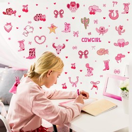 Pink Cowgirl Wall Stickers Watercolor Girls Room Wall Decals Trendy Retro Vinyl Stickers for Playroom Girls Bedroom Party Decor
