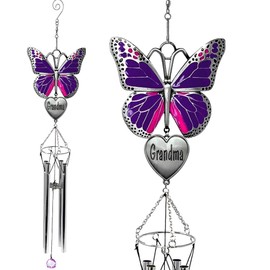 BANBERRY DESIGNS Grandma Windchime - Purple Butterfly Wind Chime Design with Engraved Grandmother Heart - Garden Wind Chimes