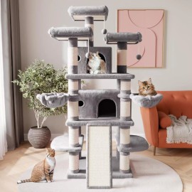 CA&T 68 Inches Multi-Level Large Big Cat Tower Cat Activity Center Play House, Grey
