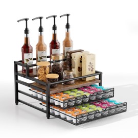 Segtenant 4 Tier Coffee Syrup Rack Organizer, Coffee Bar Organizer with 2 Sliding Drawers for K Cup Holder, Coffee Pod Holder for Coffee Station, Kitchen or Office Countertop, Brown