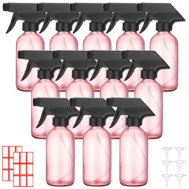 Norme 12 Pcs 8 oz Glass Spray Bottles with Funnels and Labels Refillable Cosmetic Empty Spray Bottles with Sprayer Containers for Essential Oil Cleaning Solutions(Pink,Classic)