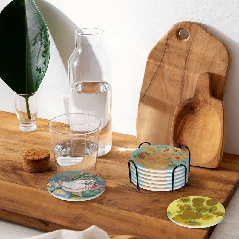 ADPON Absorbent Ceramic Coasters for Drinks with Cork Base Art