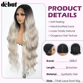 DÉBUT Long Wavy Synthetic Lace Front Wigs 13x4 Middle Part Body Wave Wig for Women Slight Pre Plucked Hairline with Baby Hair Ombre Grey 36 Inches
