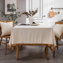 FAIRY KAARI Velvet Tablecloth Luxurious White Rectangle Table Tablecloth Thickset with Luxurious Gold Tassels Table Cloth for Home Decor Christmas Wedding, Party, Banquet and Events 55X55inch