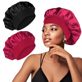 Amzpas Pack of 2 Satin Bonnet Sleep Caps, Women's / Girls' Bonnet, Night Hair Care, Protection Head Cap for Curls, Long Hair, Smooth, Breathable (Black/Red)