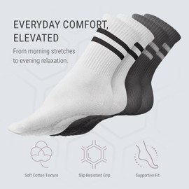 POWER STEP Pilates Grip Socks for Women, Non-Slip Cotton Crew Yoga Socks for Pilates, Dance, Workout, Barre and Home, 4 Pairs, Gray and White