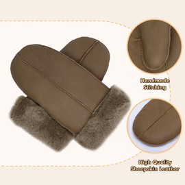 MGGMOKAY Women's Lambskin Shearling Mittens Warm Winter Leather Gloves, light brown