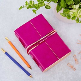 Handmade 3-String Cerise Pink Leather Journal | Plain Recycled Paper | 11cm x 16cm | Fair Trade & Eco Friendly Leather Bound Notebook Alternative for Men and Women