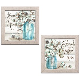 Beautiful Watercolor-Style Family Gathers Here and Forever Home Mason Jar Floral Set by TRE Sorelle Studios; Two 12x12in Distressed Framed Prints