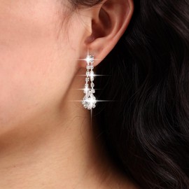 TseenYi Crystal Earrings Silver Chandelier Earrings Long Rhinestone Tassel Earrings Round Gemstone Earrings Dangle Sparkling CZ Wedding Earrings Jewellery for Women and Girls