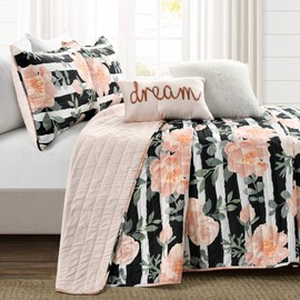 Lush Decor Amara Watercolor Rose 5 Piece Quilt Set, Black & Dusty Rose, King