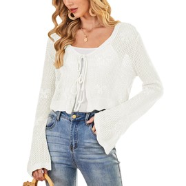 Women Tie Front Hollow Out Knit Crop Top Bell Sleeve V Neck Knot Crochet Cardigan Sweater Cute Summer Bolero Shrug White L