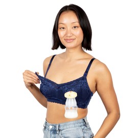 IDAHO JONES Hands Free Pumping and Nursing Bras for Breastfeeding and Pumping | Compatible with Spectra and Medela | Easy Secure Flange Attachment | Nursing and Pumping Bra | Navy | M | Aine