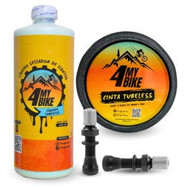 4MyBike Kit Tubeless Líquido Tubeless 250ml + Cinta Tubeless 30mm + 2 Válvulas Tubeless Tipo Americanas/Schrader
