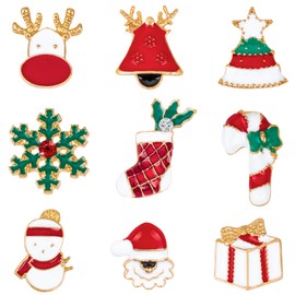 Kiiwah 9-Piece Christmas Brooch Set, Metal Brooch Jewellery Cartoon Cute Brooch Clothing Bag Jacket Jewellery DIY Accessories, Christmas Elements Pattern (Retro), Metal