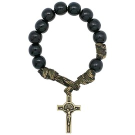 Saint Benedict Bracelet | Wooden Hail Mary Beads on a Rugged Cord | Bronze-Tone Saint Benedict Crucifix | Patron Saint of Students | Great Catholic Gift for Confirmation, Wood, no gemstone