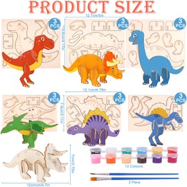 22Pcs Dinosaur 3D Wooden Craft Set, Dinosaur Children Painting Wooden Craft, DIY Creative Art Dinosaurs Wood Crafts with Brush, Dinosaurs Puzzle Painting Ornaments for Boys Girls Gifts