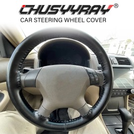 CHUSYYRAY 15" 38cm Car Steering Wheel Cover Black Genuine Leather for Subaru