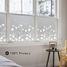 DKTIE Window Privacy Film Flowers Pure White Pattern Stained Glass Window Film Decorative Frosted Glass Window Film Sun Blocking Heat Control Static Cling (A274, 17.5" x 118.1")