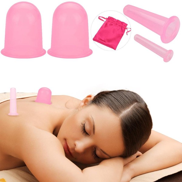 Vacuum Massage Cups, 4Pcs/Set Silicone Cupping Massager for Alleviates Muscle Soreness Relaxation and Stress Body Reduction with FDA Attestation(Pink)