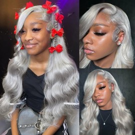XFJT Grey Lace Front Wigs Human Hair Body Wave Grey 13x6 Lace Front Wigs Human Hair Glueless Lace Front Wigs Human Hair for Women 200 Density Natural Hairline with Baby Hair(30Inch)