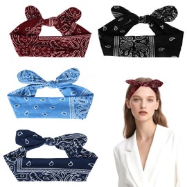 4pcs Knotted Bandana Headbands for Women, Elastic Boho Bow Hair Wraps Head Bands Wraps Wide Headwraps Cute Hairbands for Women's Hair Accessories