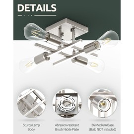 Eietonte Industrial 4-Light Semi Flush Mount Ceiling Light Fixture, Modern Brushed Nickel Chandelier Lighting, Farmhouse E26 Base Sputnik Ceiling Lamp for Kitchen Bedroom Living Room Entryway, 2 Pack