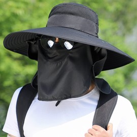 TRADERPLUS Fishing Hat Wide Brim Sun Hat for Men & Women Outdoor UV Sun Protection Bucket Hats with Face Cover & Neck Flap (Black)