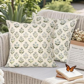 UXORSN 2 Packs Outdoor Waterproof Throw Pillow Covers 18x18 Blue Green Block Print Pillowcase Vintage Floral Cushion Covers Linen Boho Farmhouse Pillow Cases for Patio Garden Bedroom Living Room