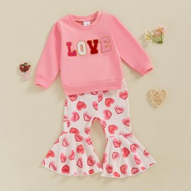 Engofs Toddler Baby Girl Valentines Day Outfit Long Sleeve Letter Print Sweatshirt Flared Pants Set (V2 Pink Love, 2-3T)
