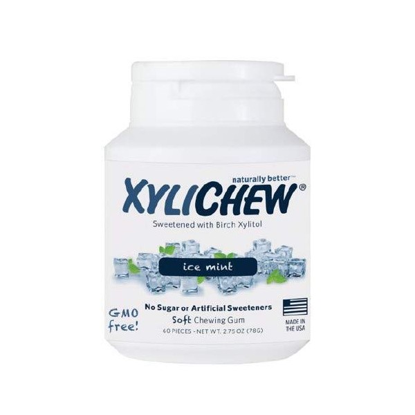 Xylichew 100% Xylitol Chewing Gum Jars - Non GMO, Gluten, Aspartame, and Sugar Free Gum - Natural Oral Care, Relieves Bad Breath and Dry Mouth - Ice Mint (60 Count, Pack of 4)